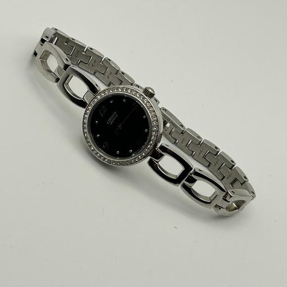 Citizen Silver Tone Black Dial Crystal Bezel Women’s Watch Working New Battery main image 5